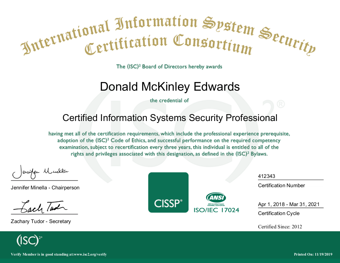 Donald's CISSP Certificate